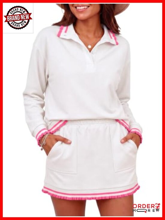 Other - 2 Piece Lounge Set Mini Skirt Sweatsuit Ruffled Button Collar Side Pockets